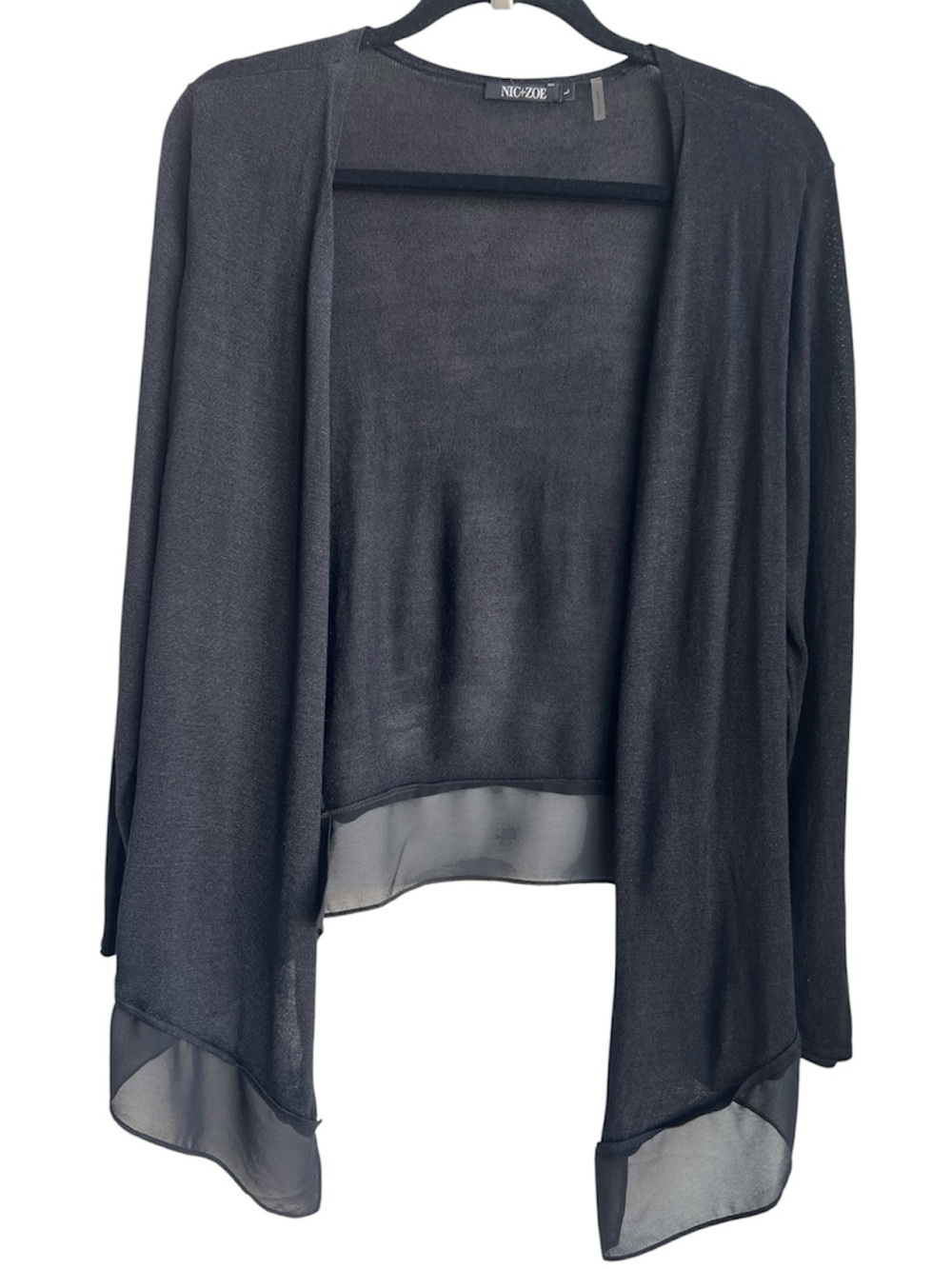 Nic + Zoe Black Open Front Sheer Hem Silk Blend Cardigan Sweater large